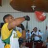 Junior middleweight champion Winky Wright hits the speed bag during his workout session