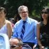 Freddie Roach accompanied by his assistant Marie (left) and girlfriend Maya (right) in the parade