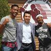 (left to right) "Miracle Man" Daniel Jacobs, Marco Antonio Barrera and "Showtime" Shawn Porter" pose by Hall of Fame logo on Induction Sunday.