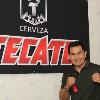 Barrera in a fighting pose by the Tecate banner. Tecate is the official beer sponsor of the Hall of Fame Weekend.