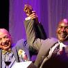 And the new! Referee Joe Cortez raises Holyfield's hand in victory as a 2017 Hall of Fame Inductee at the Banquet of Champions.