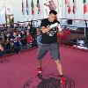 WBC 168-pound champion in recess David Benavidez warms up before sparring on the HOF Museum Grounds