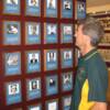 Australian referee and judge Steve Marshall looks at the Hall of Fame plaque of Australia’s three-division world champion Jeff Fenech.