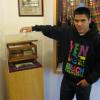 New interim champion Jesus Andres Cueller poses by the bell used at the famous Luna Park Stadium in his native Argentina 